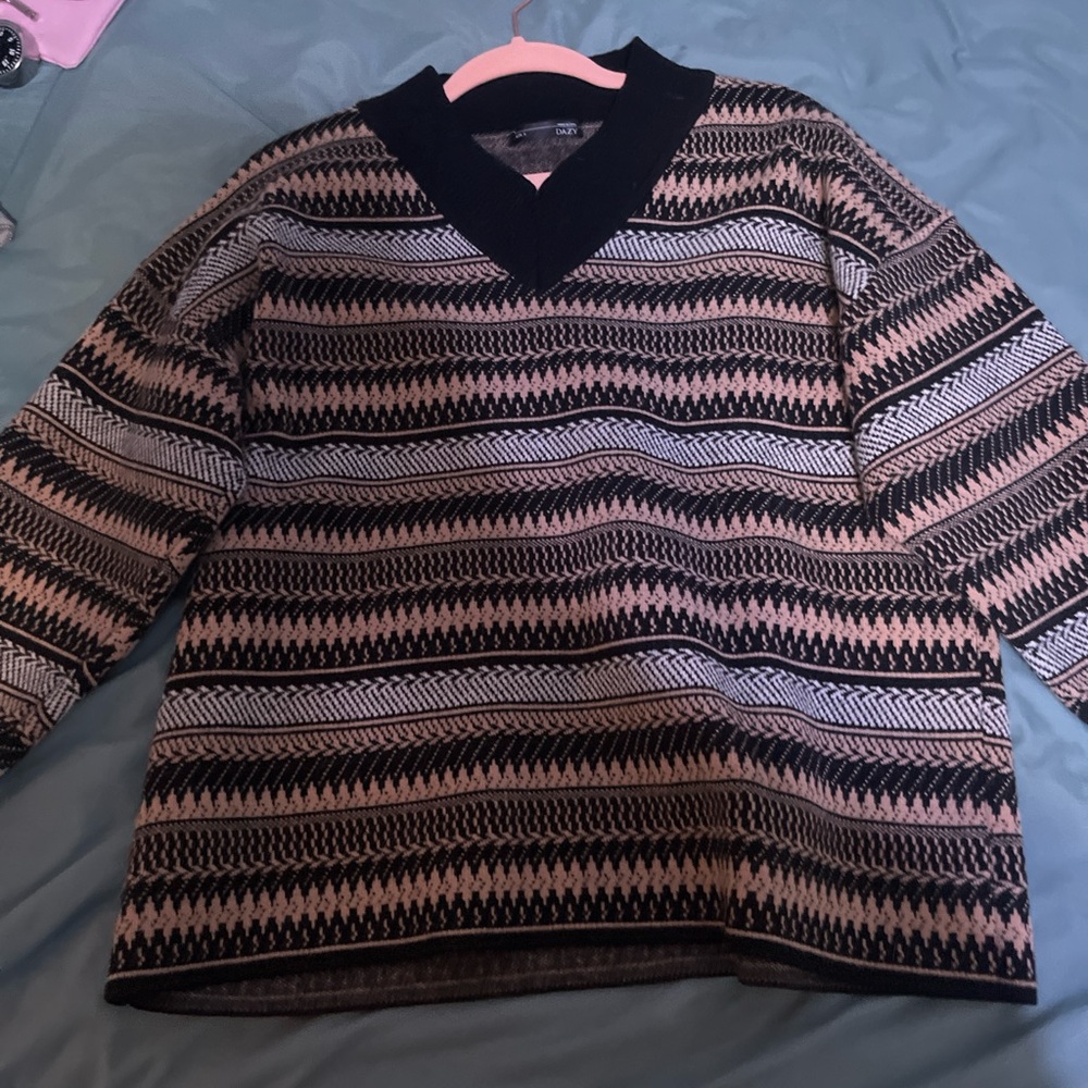 Black, White, and Tan Striped Patterned Sweater